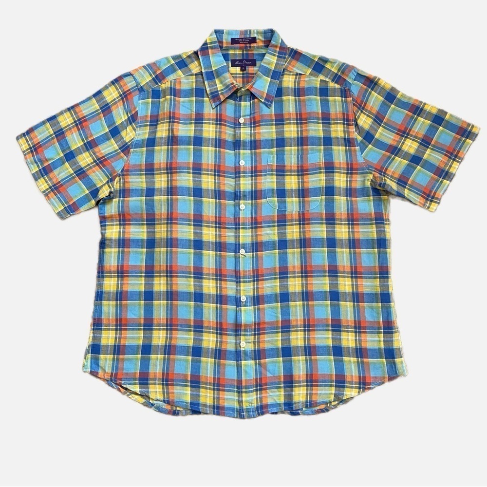 Alan Flusser Linen Blend Colorful Plaid Short Sleeve Camp Shirt Men's XL
